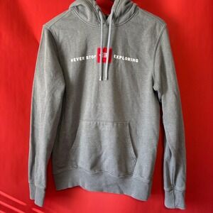 The North Face Mens Small Gray Never Stop Exploring Red Box Logo Pullover Hoodie